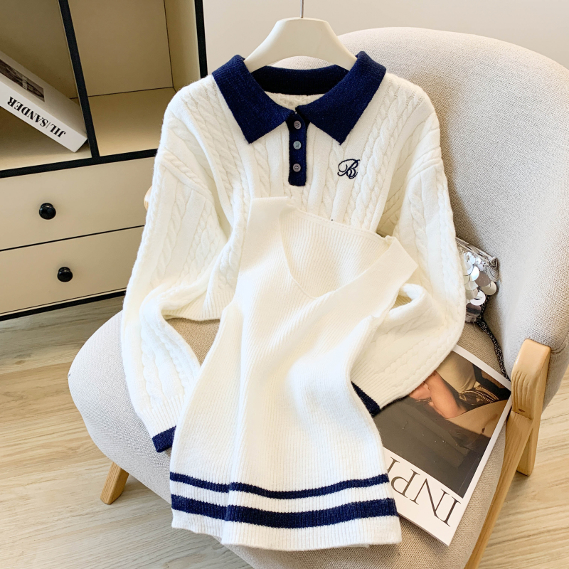 V-neck Korean style tops slim sweater 2pcs set
