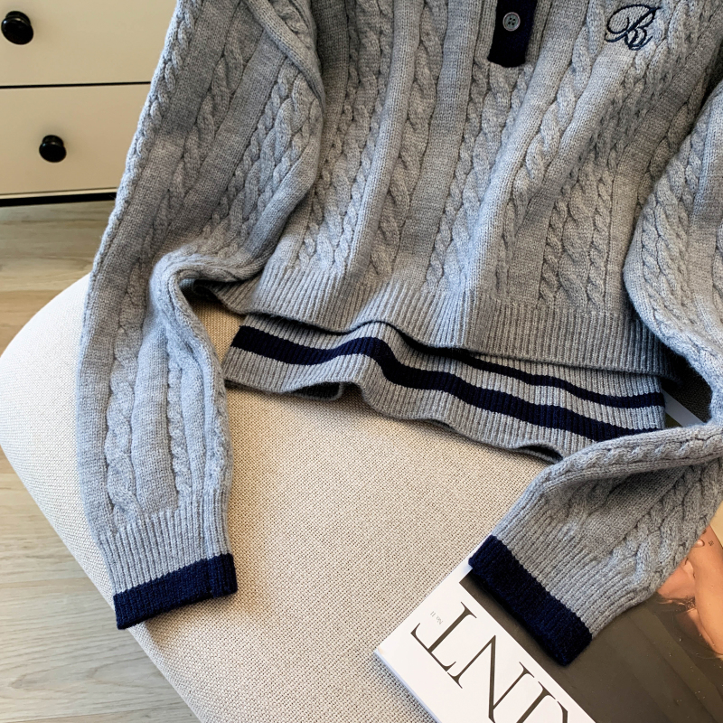 V-neck Korean style tops slim sweater 2pcs set