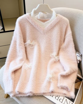Bow autumn and winter tops mink velvet sweater for women