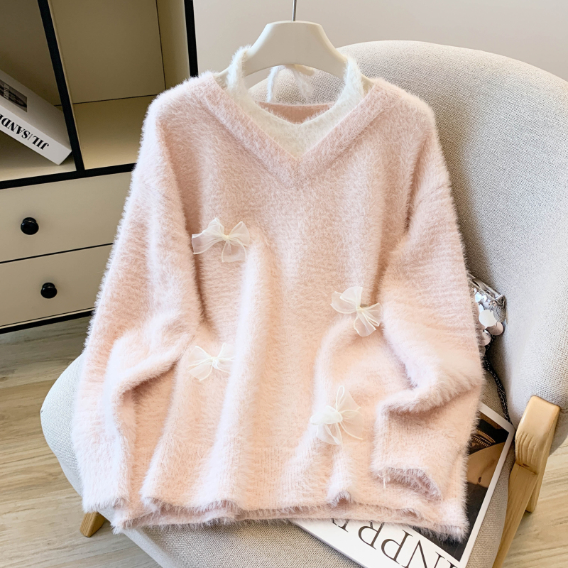 Bow autumn and winter tops mink velvet sweater for women