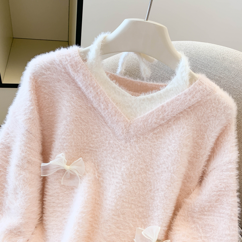 Bow autumn and winter tops mink velvet sweater for women