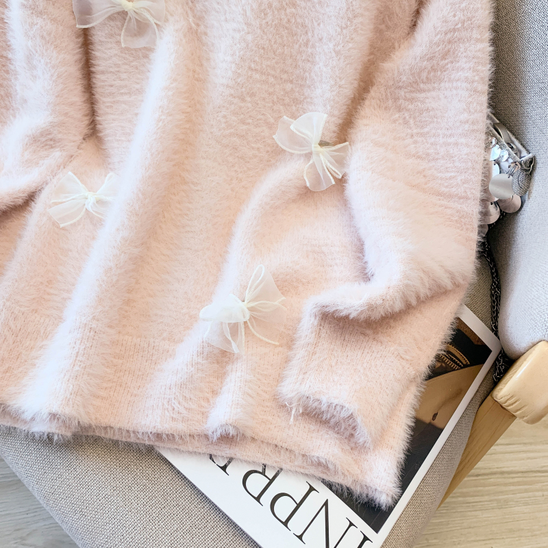 Bow autumn and winter tops mink velvet sweater for women
