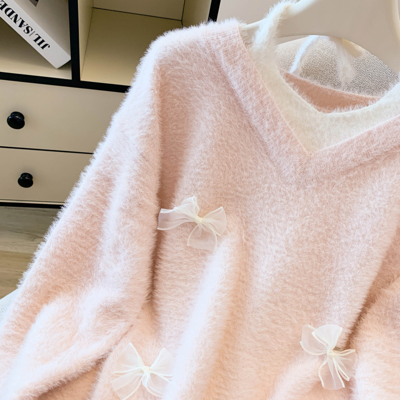 Bow autumn and winter tops mink velvet sweater for women