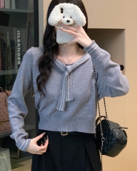 Autumn college style sweater short navy collar tops for women