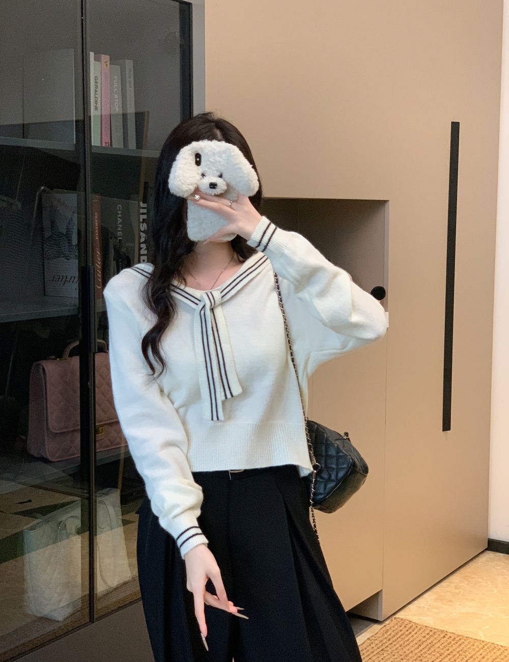 Autumn college style sweater short navy collar tops for women
