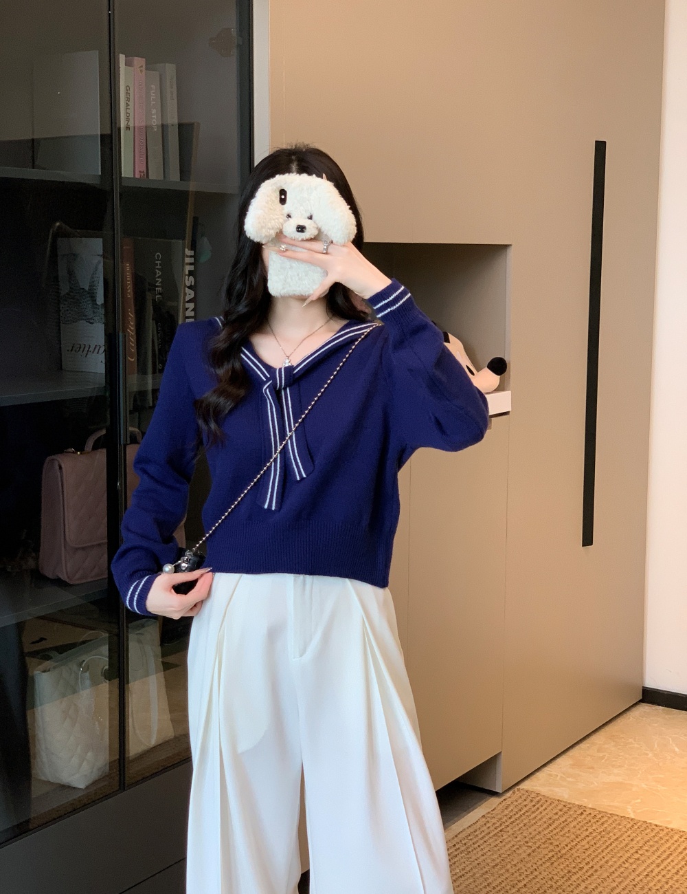 Autumn college style sweater short navy collar tops for women