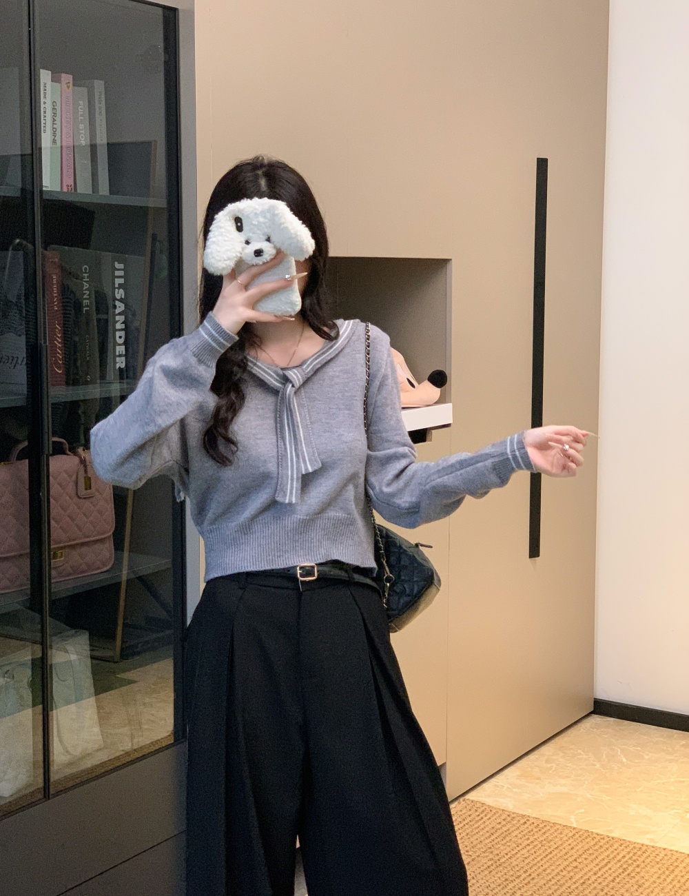 Autumn college style sweater short navy collar tops for women