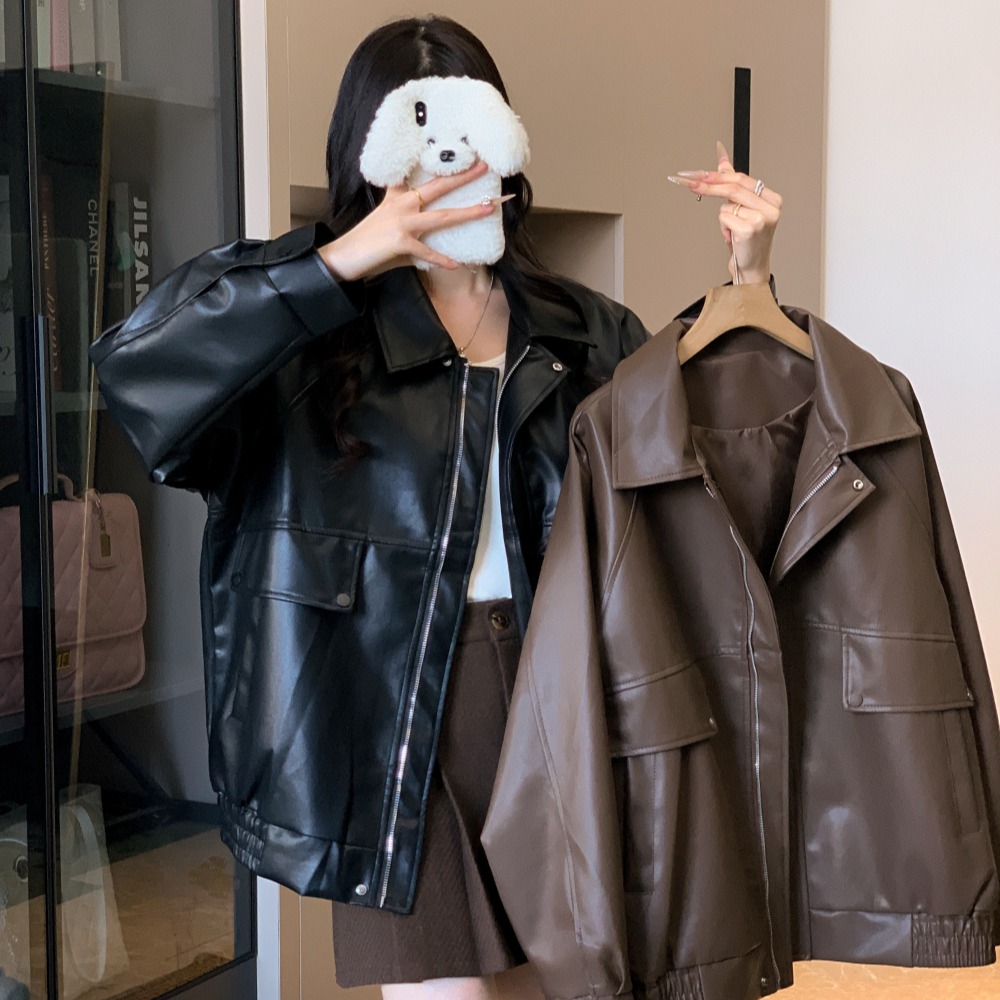 Locomotive American style tops PU leather coat for women