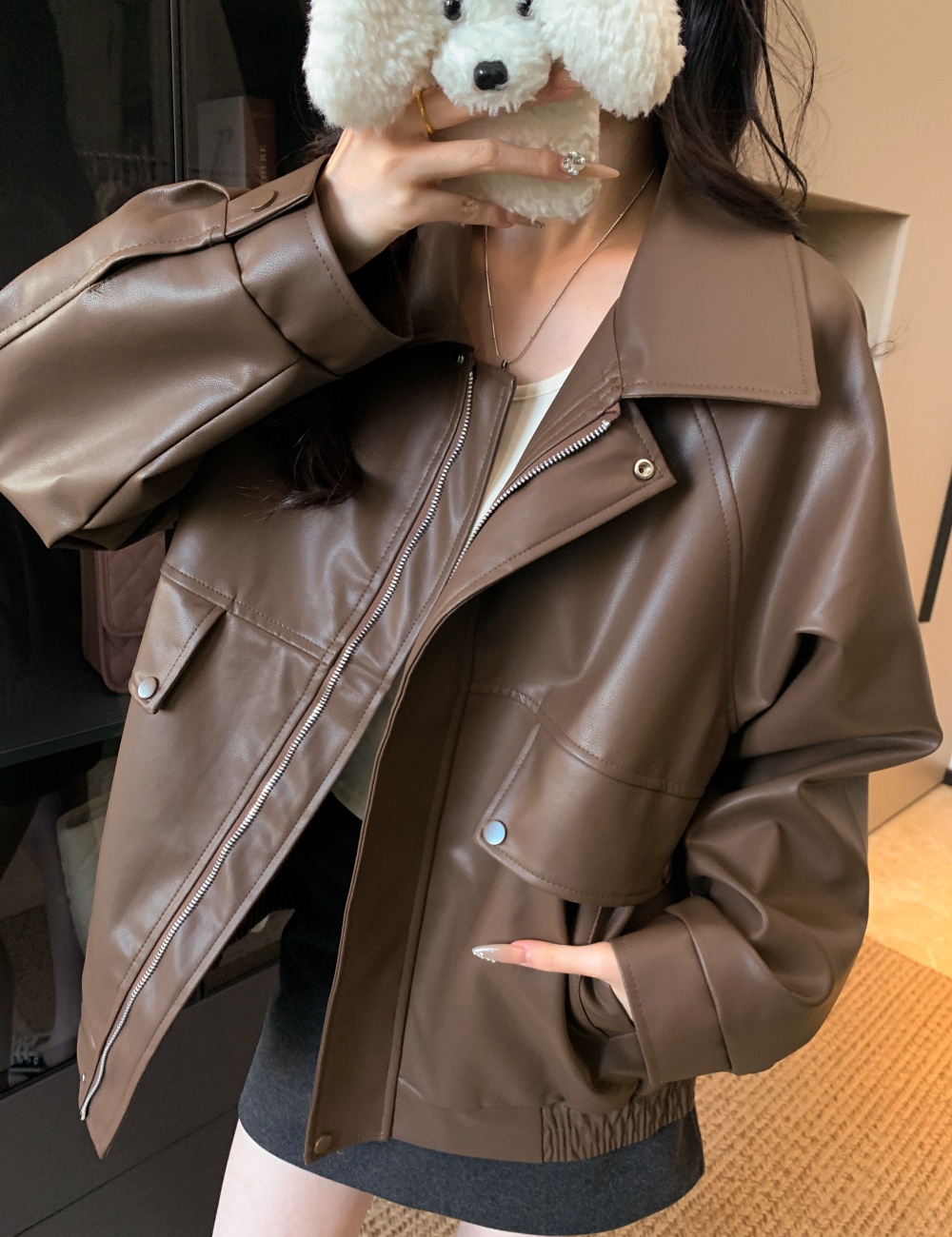 Locomotive American style tops PU leather coat for women