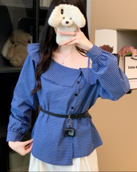 Plaid with belt shirt all-match Casual tops for women