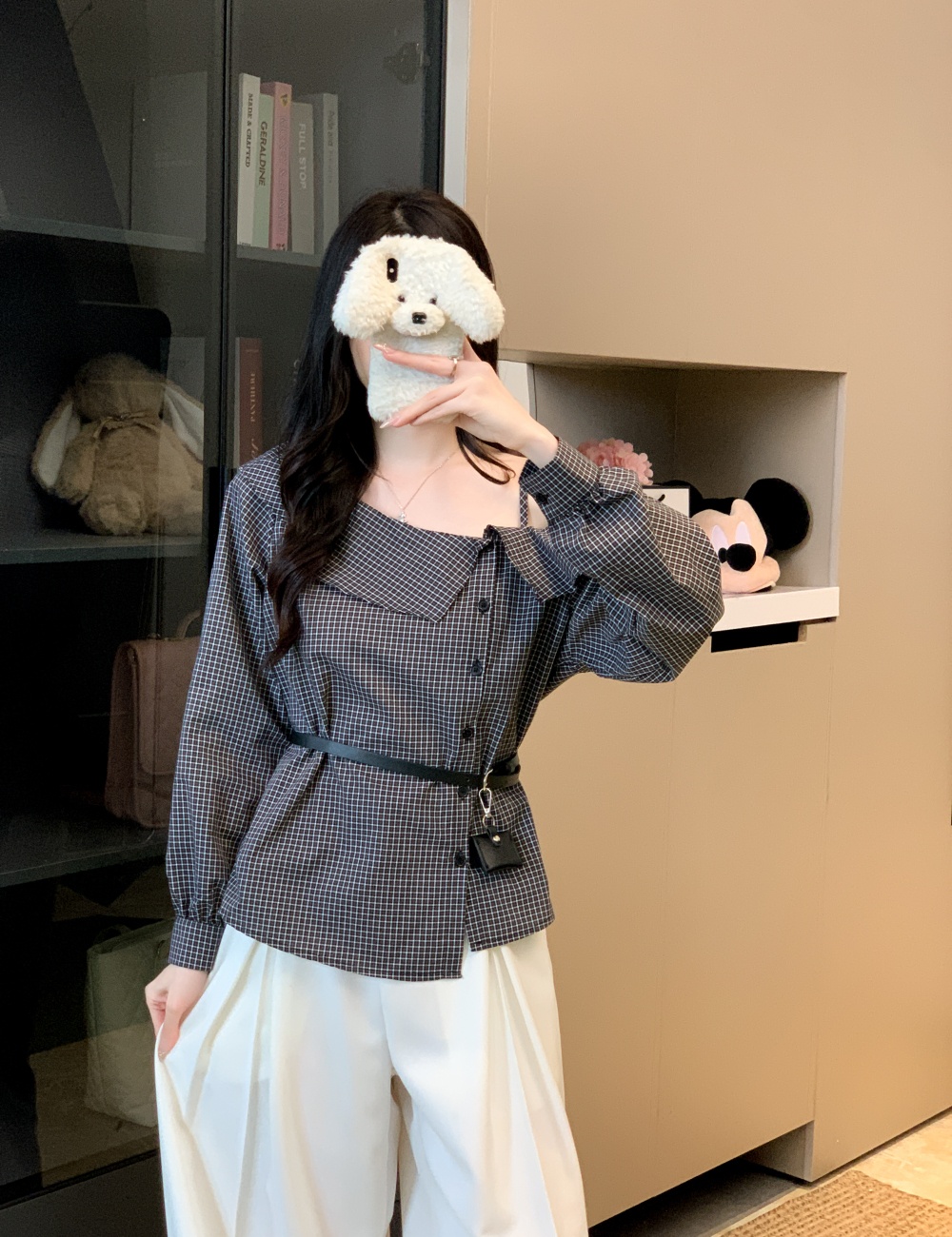 Plaid with belt shirt all-match Casual tops for women