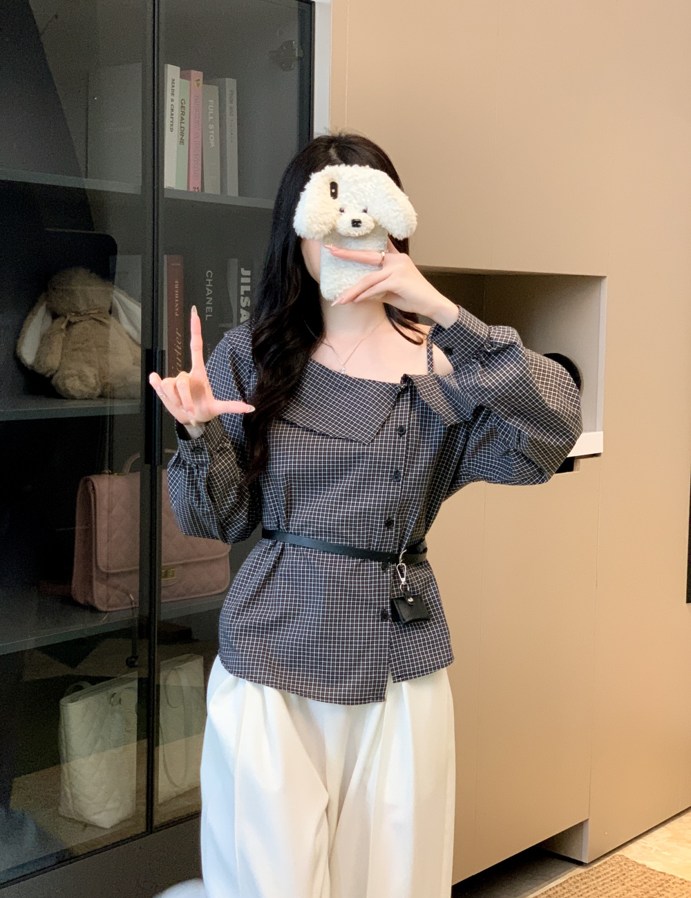 Plaid with belt shirt all-match Casual tops for women