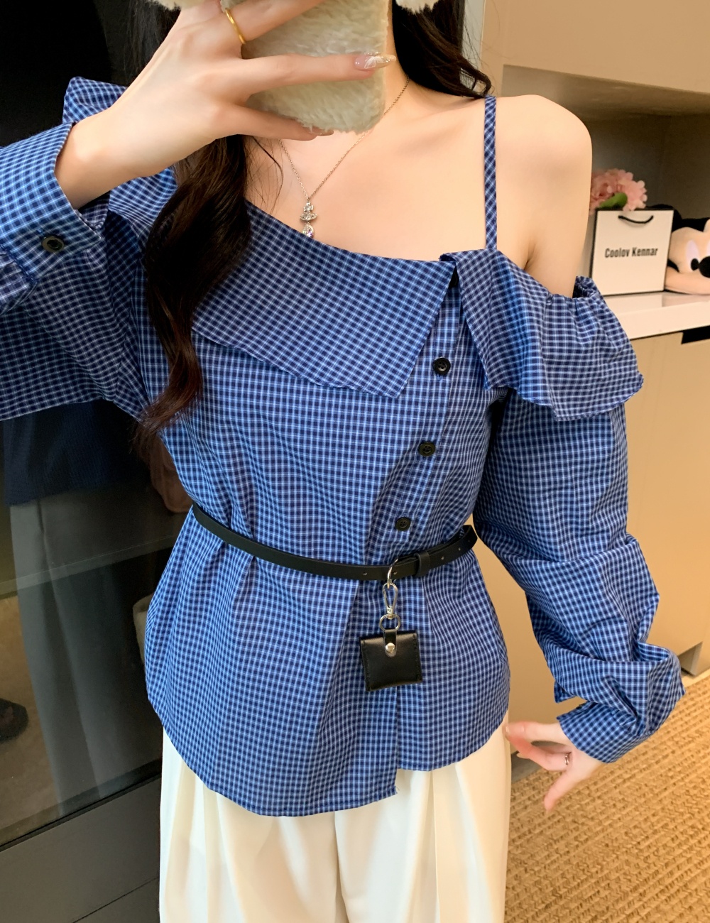 Plaid with belt shirt all-match Casual tops for women