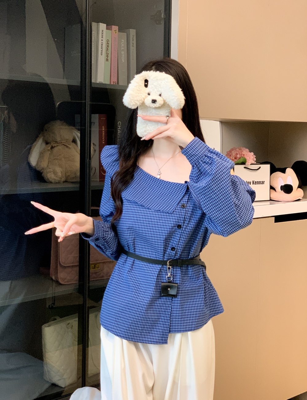 Plaid with belt shirt all-match Casual tops for women