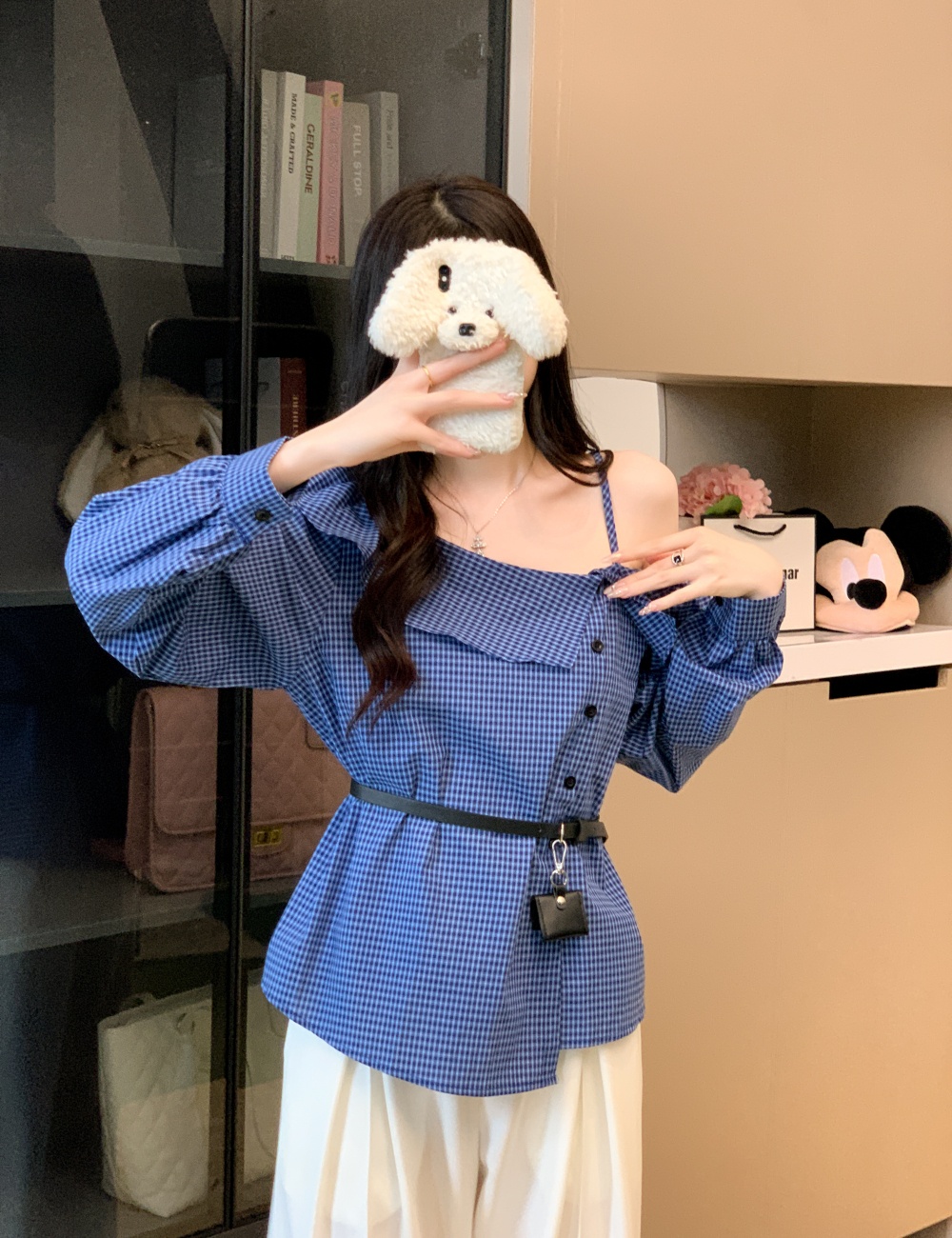 Plaid with belt shirt all-match Casual tops for women