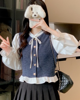 Elegant bow decoration splice tops cstand collar Pseudo-two shirt