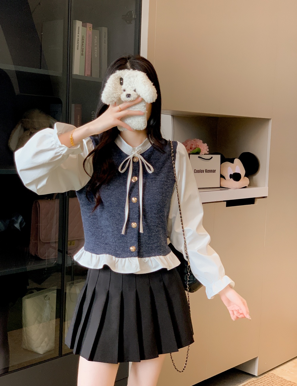 Elegant bow decoration splice tops cstand collar Pseudo-two shirt