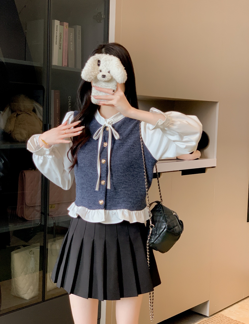 Elegant bow decoration splice tops cstand collar Pseudo-two shirt