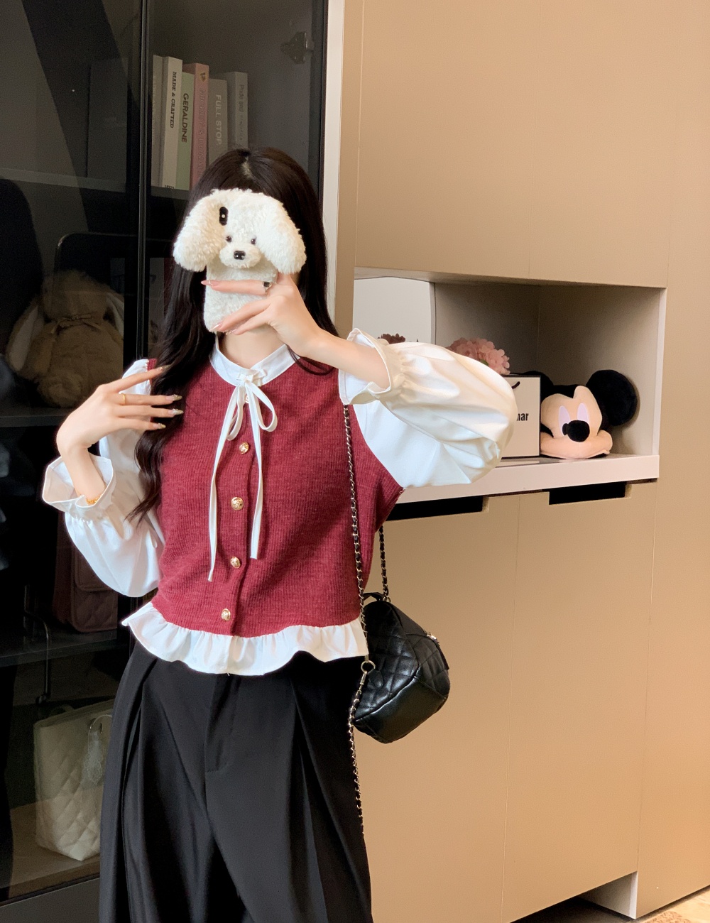 Elegant bow decoration splice tops cstand collar Pseudo-two shirt