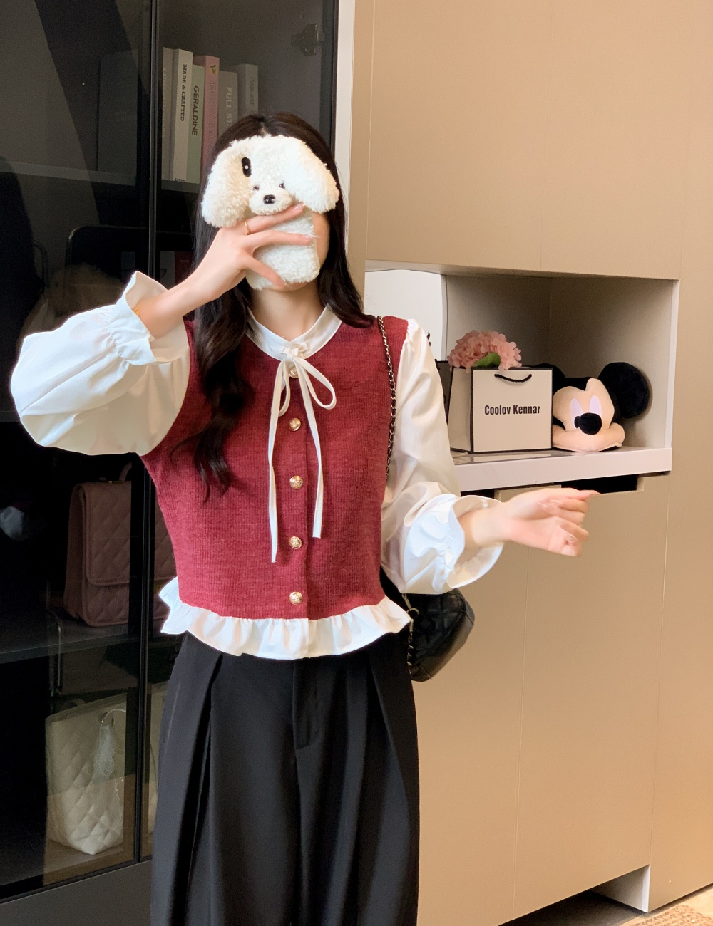 Elegant bow decoration splice tops cstand collar Pseudo-two shirt