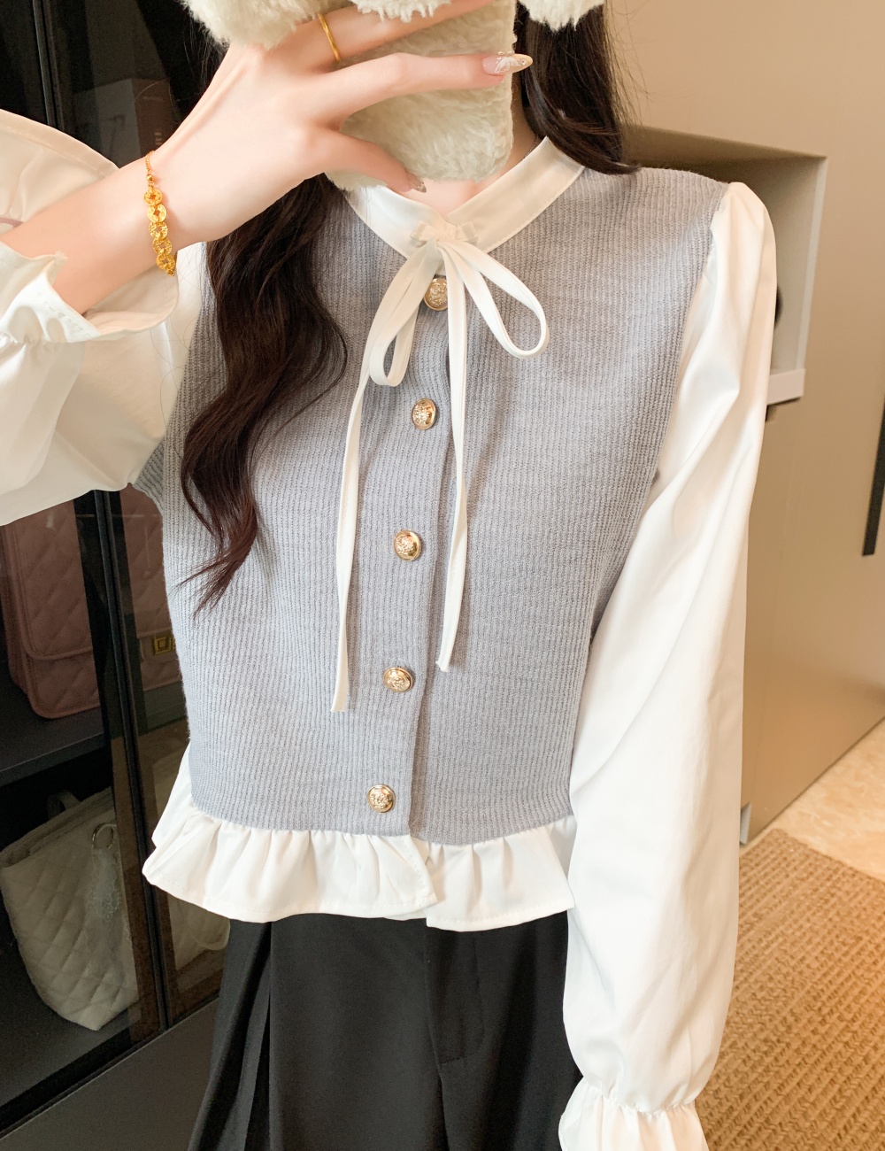 Elegant bow decoration splice tops cstand collar Pseudo-two shirt