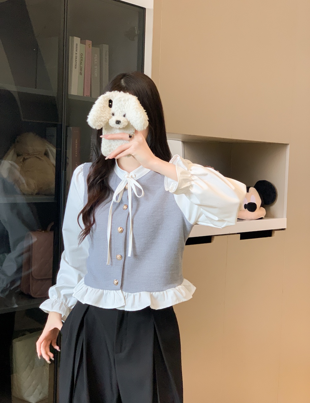 Elegant bow decoration splice tops cstand collar Pseudo-two shirt