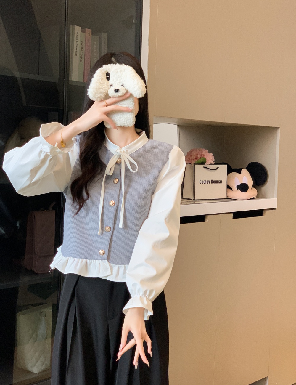 Elegant bow decoration splice tops cstand collar Pseudo-two shirt