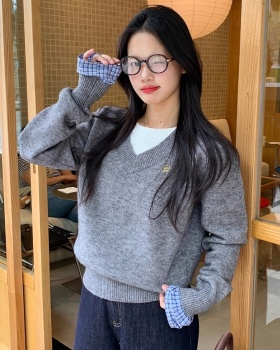 Pseudo-two autumn and winter tops splice sweater for women