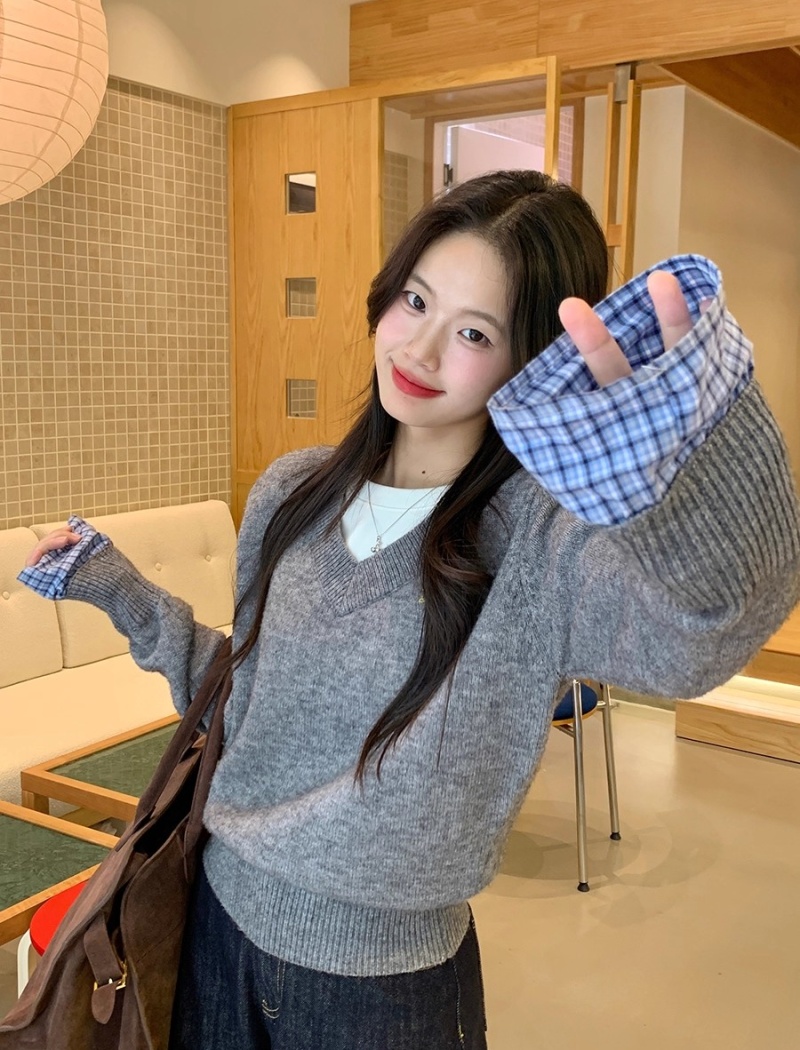 Pseudo-two autumn and winter tops splice sweater for women