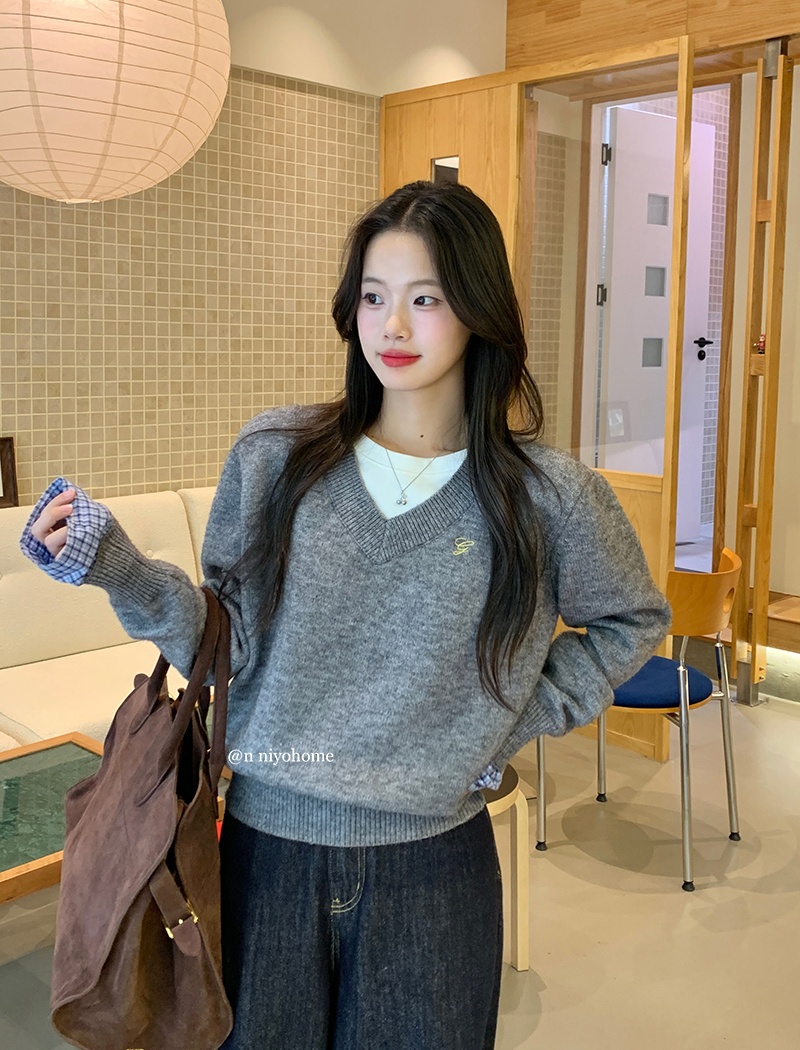 Pseudo-two autumn and winter tops splice sweater for women