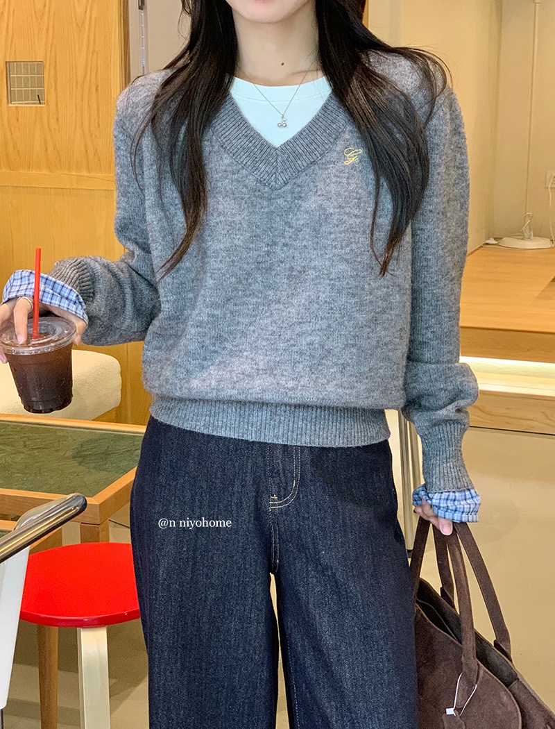 Pseudo-two autumn and winter tops splice sweater for women