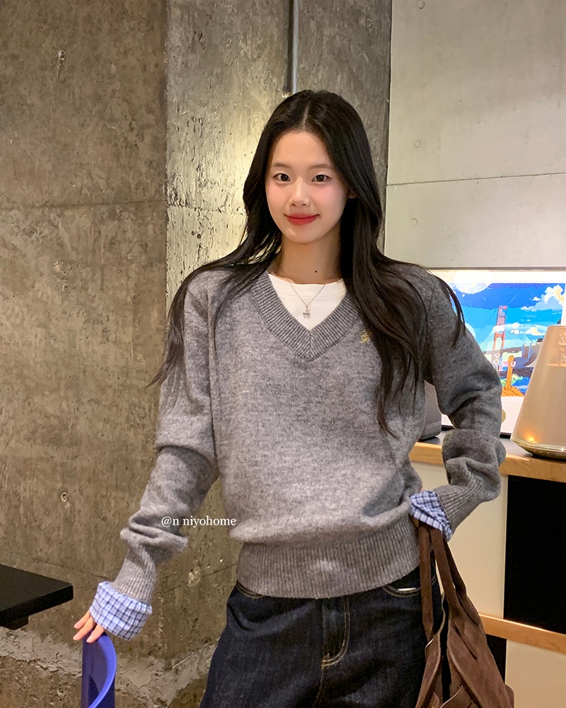Pseudo-two autumn and winter tops splice sweater for women