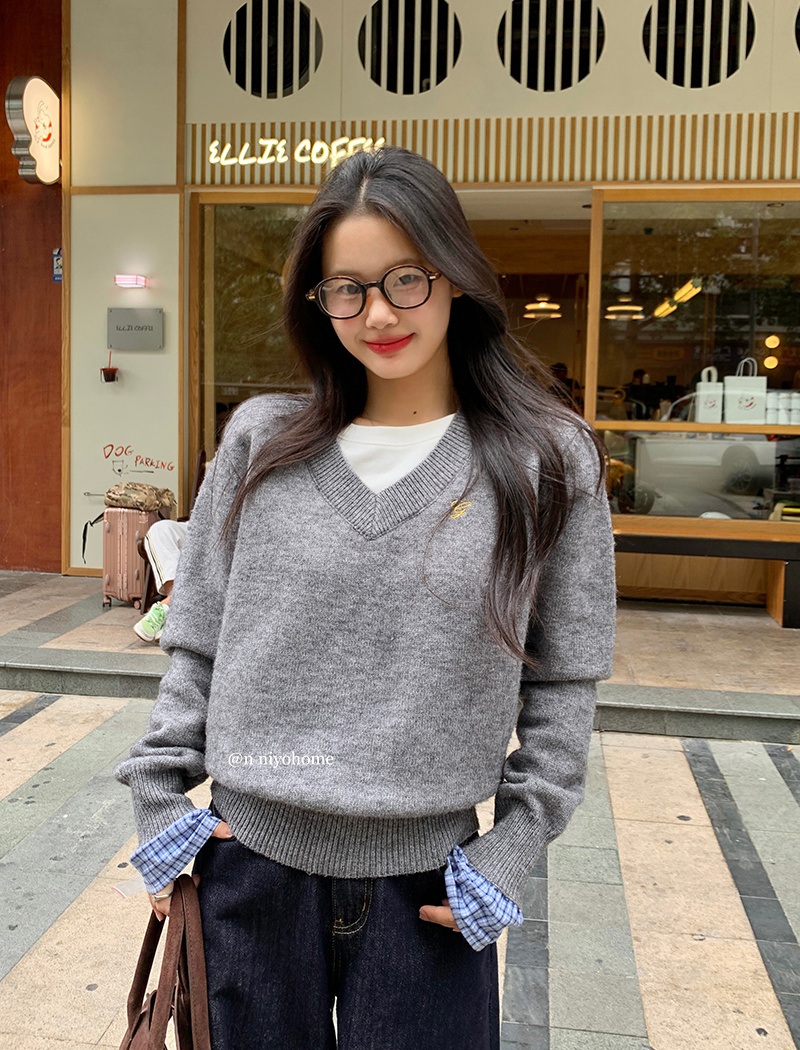 Pseudo-two autumn and winter tops splice sweater for women