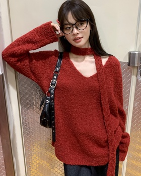 Red V-neck loose coat lazy long sleeve tops for women