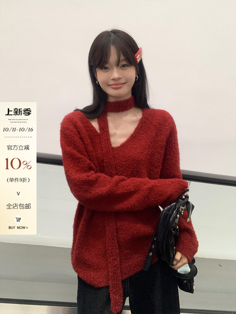Red V-neck loose coat lazy long sleeve tops for women