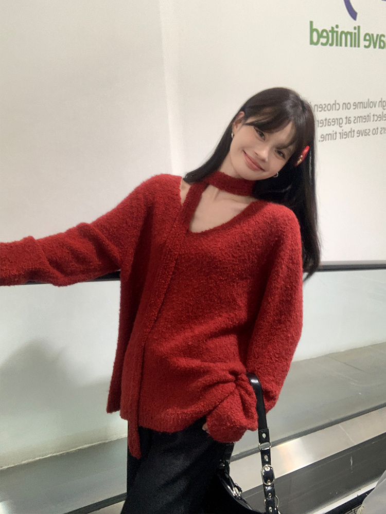 Red V-neck loose coat lazy long sleeve tops for women