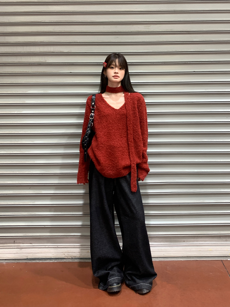 Red V-neck loose coat lazy long sleeve tops for women