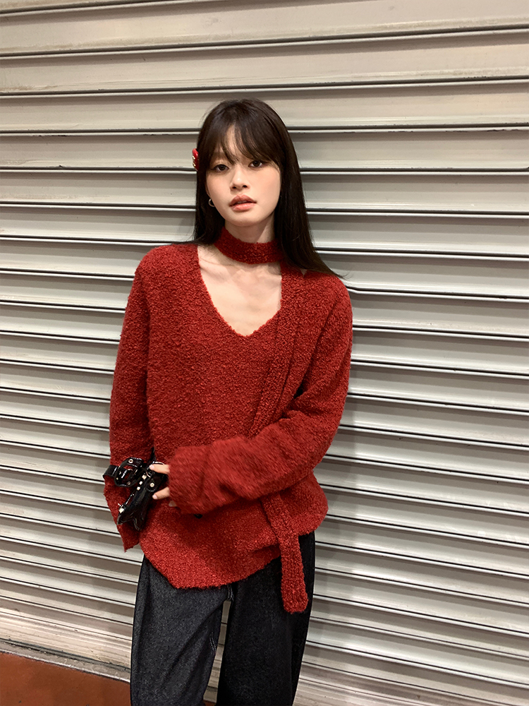 Red V-neck loose coat lazy long sleeve tops for women