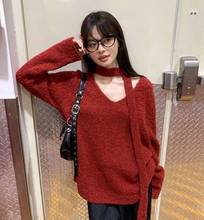 Red V-neck loose coat lazy long sleeve tops for women