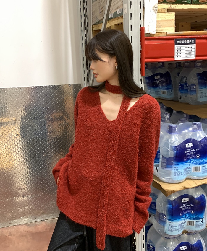 Red V-neck loose coat lazy long sleeve tops for women