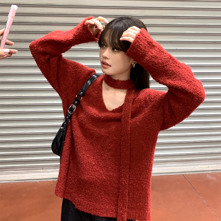 Red V-neck loose coat lazy long sleeve tops for women
