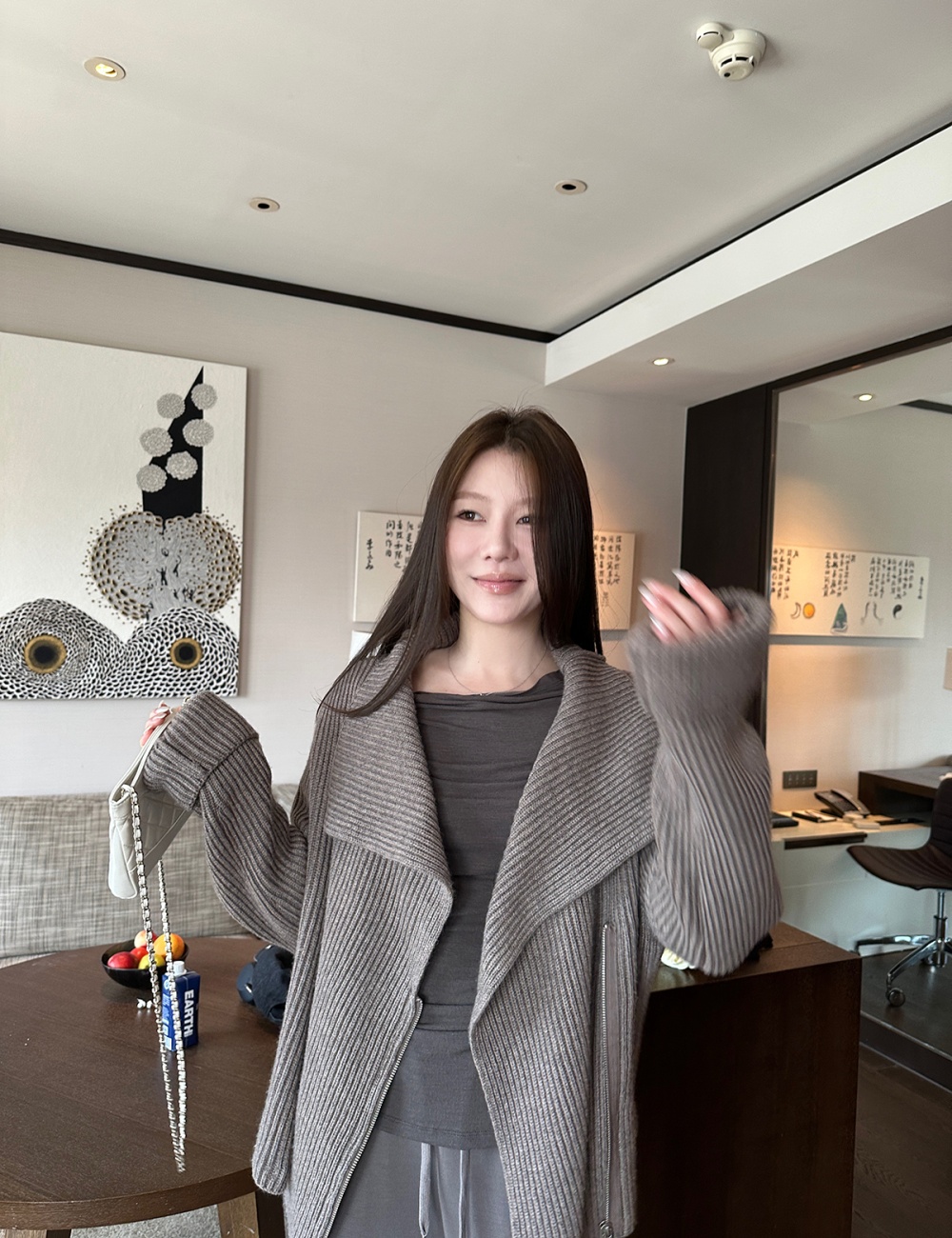 Knitted autumn and winter coat zip double color sweater for women