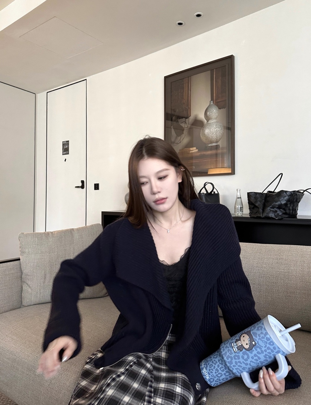 Knitted autumn and winter coat zip double color sweater for women