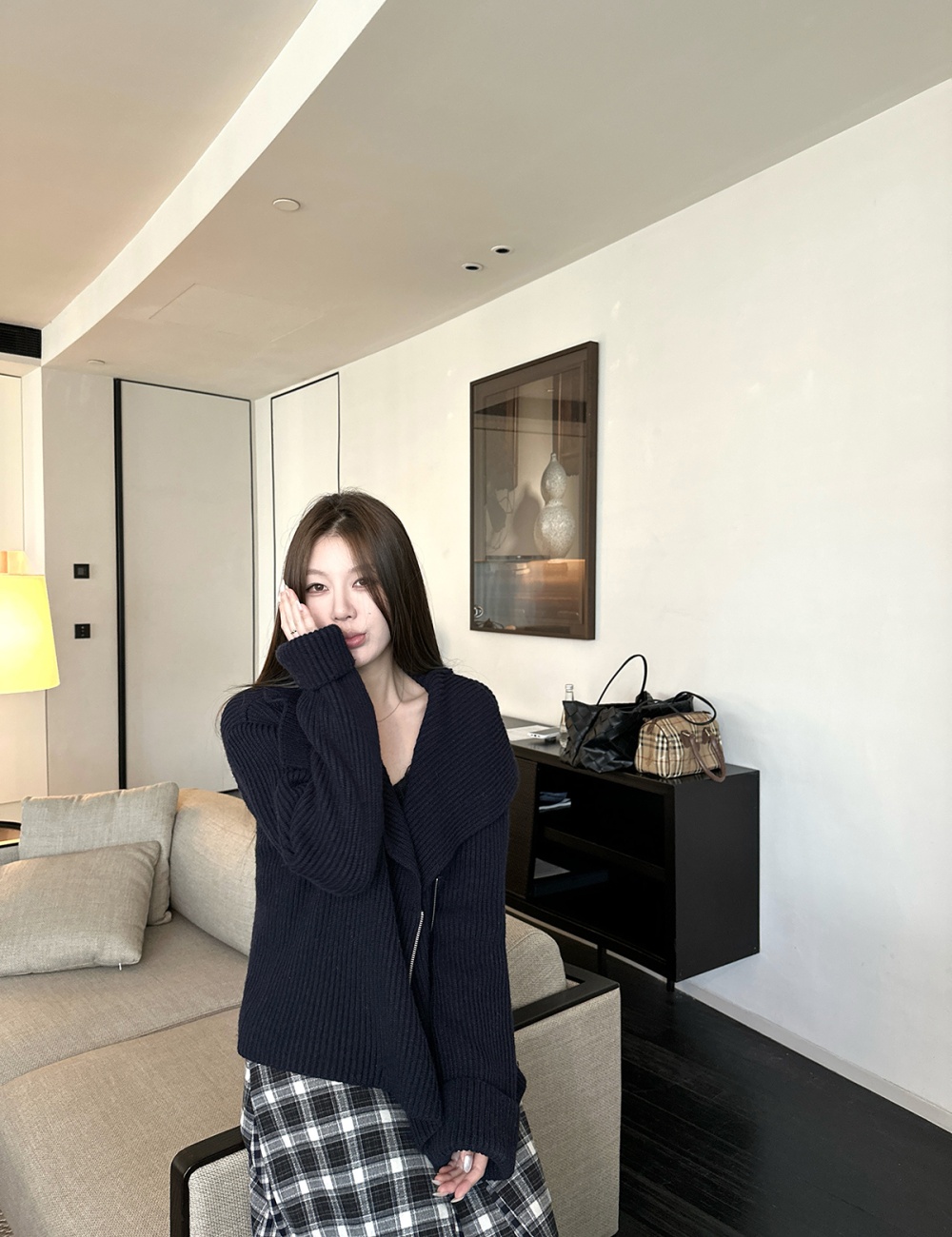 Knitted autumn and winter coat zip double color sweater for women