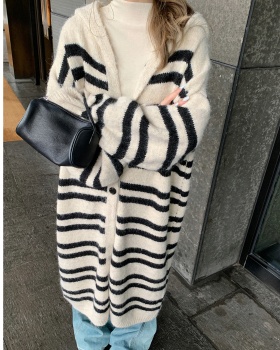 Stripe hooded knitted coat lazy long sweater