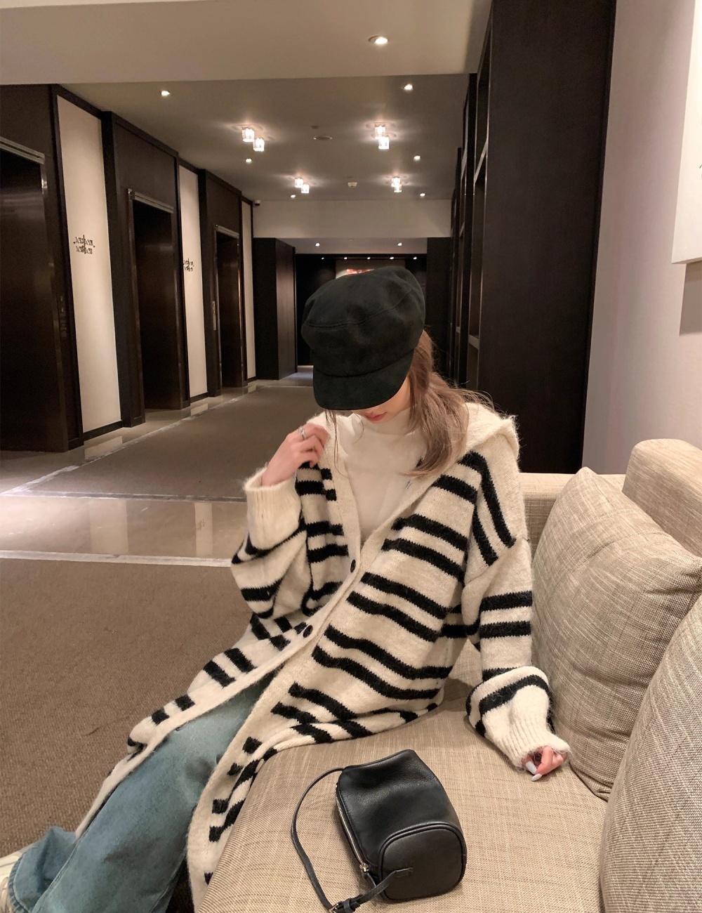 Stripe hooded knitted coat lazy long sweater