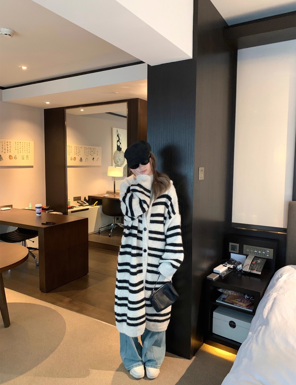 Stripe hooded knitted coat lazy long sweater