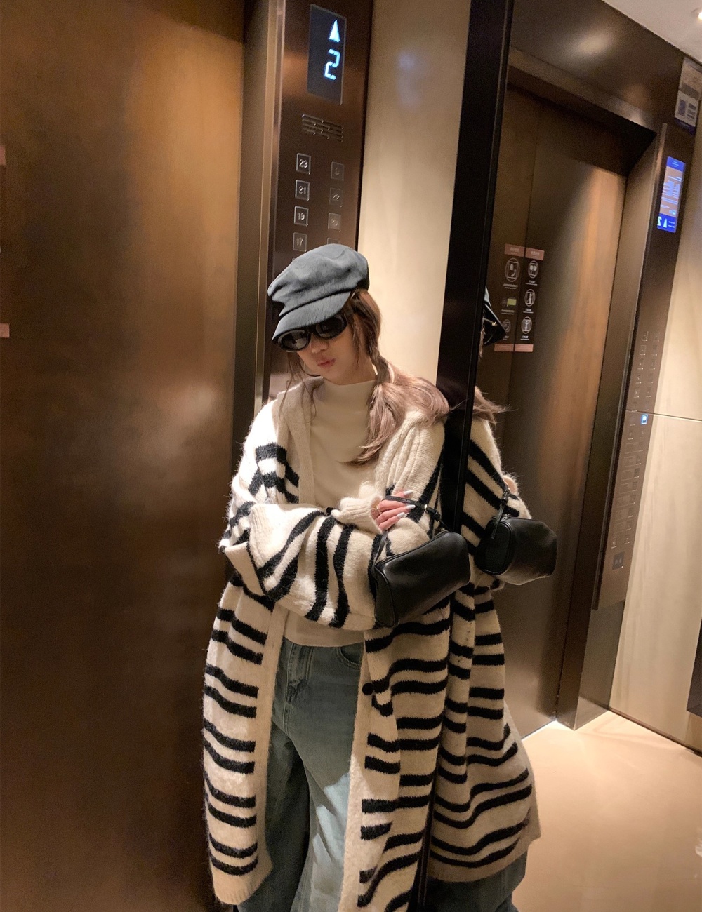 Stripe hooded knitted coat lazy long sweater