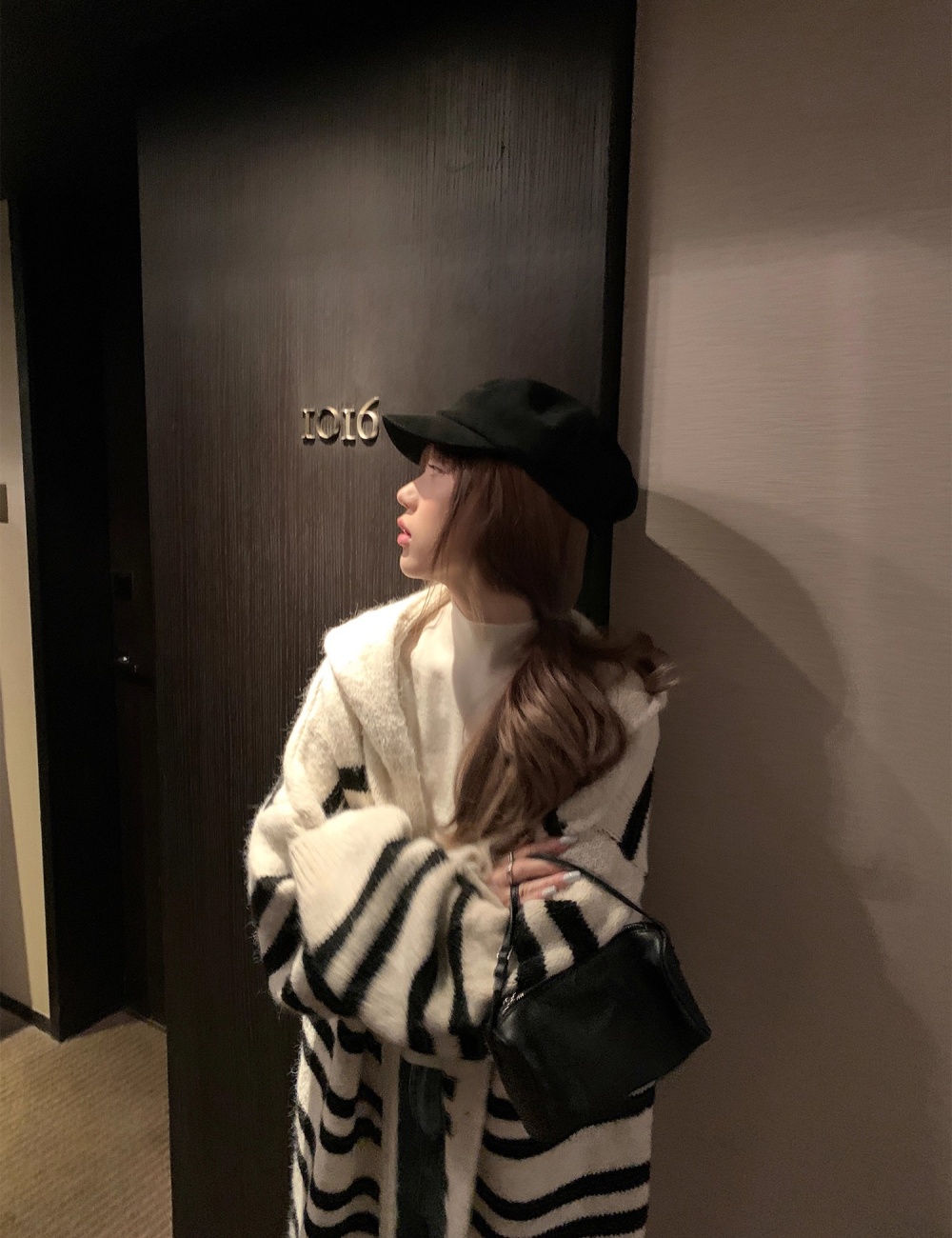 Stripe hooded knitted coat lazy long sweater