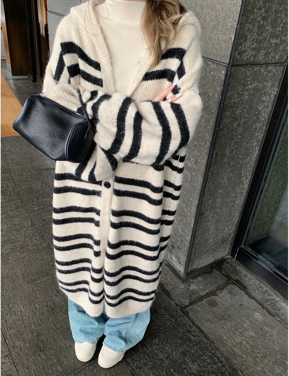 Stripe hooded knitted coat lazy long sweater